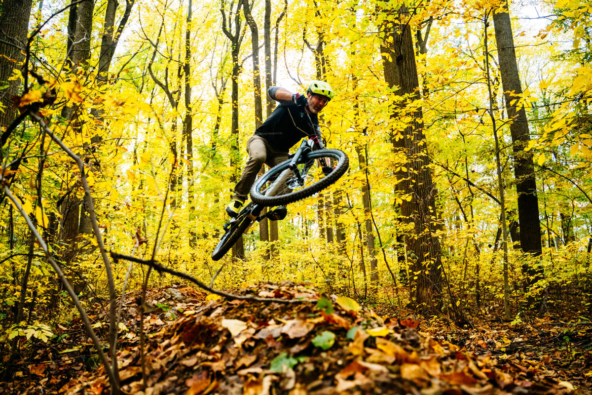 A mountain biker gets some air at Salisbury Walking Purchase Park in Lehigh Valley, PA