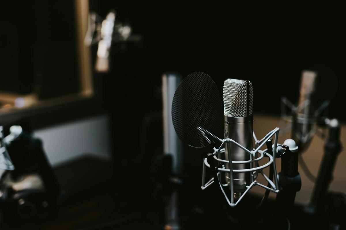 Microphone set up in recording studio booth