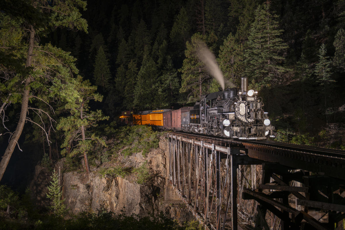 Durango and Silverton Narrow Gauge Railroad Train at Night during Fall