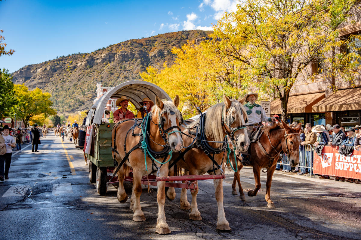 A horse draen wagon at the 2025 Durango Cowboy Gathering