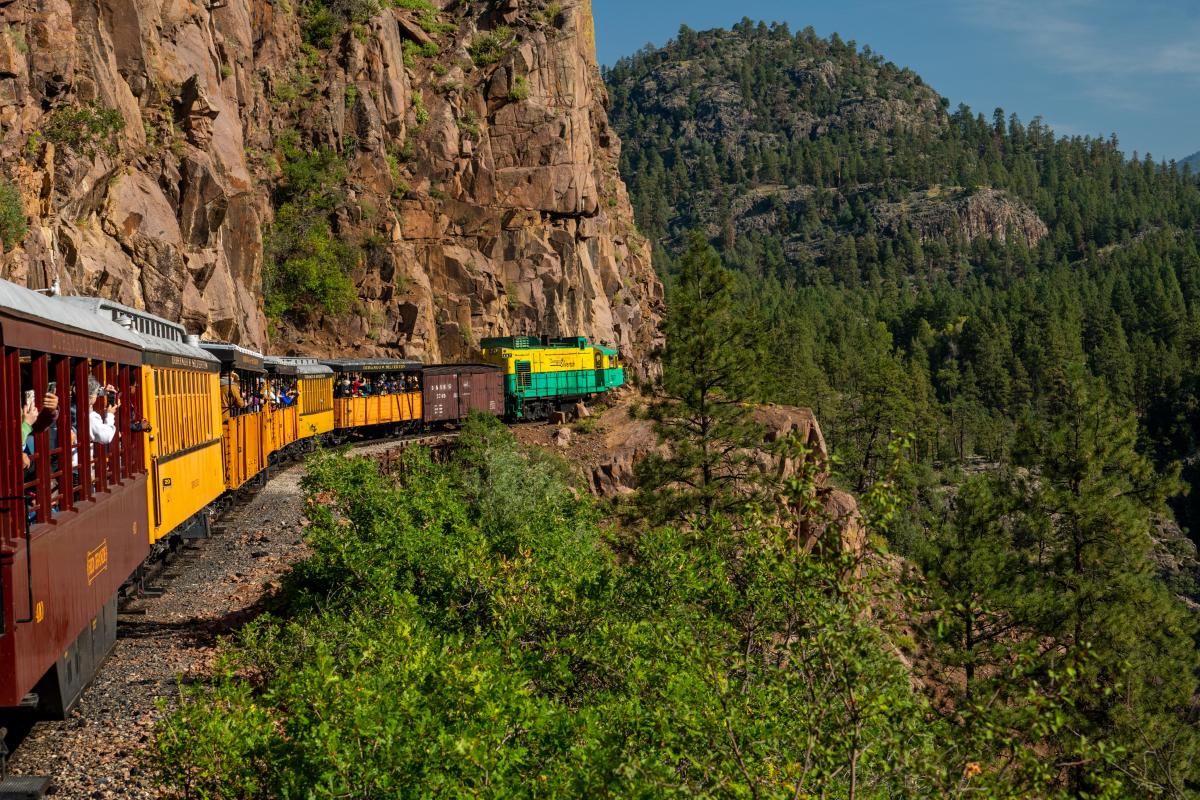 Diesel Durango and Silverton Narrow Gauge Railroad on High Line During Summer