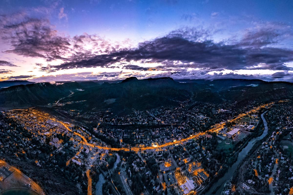 Drone shot of downtown Durango at night