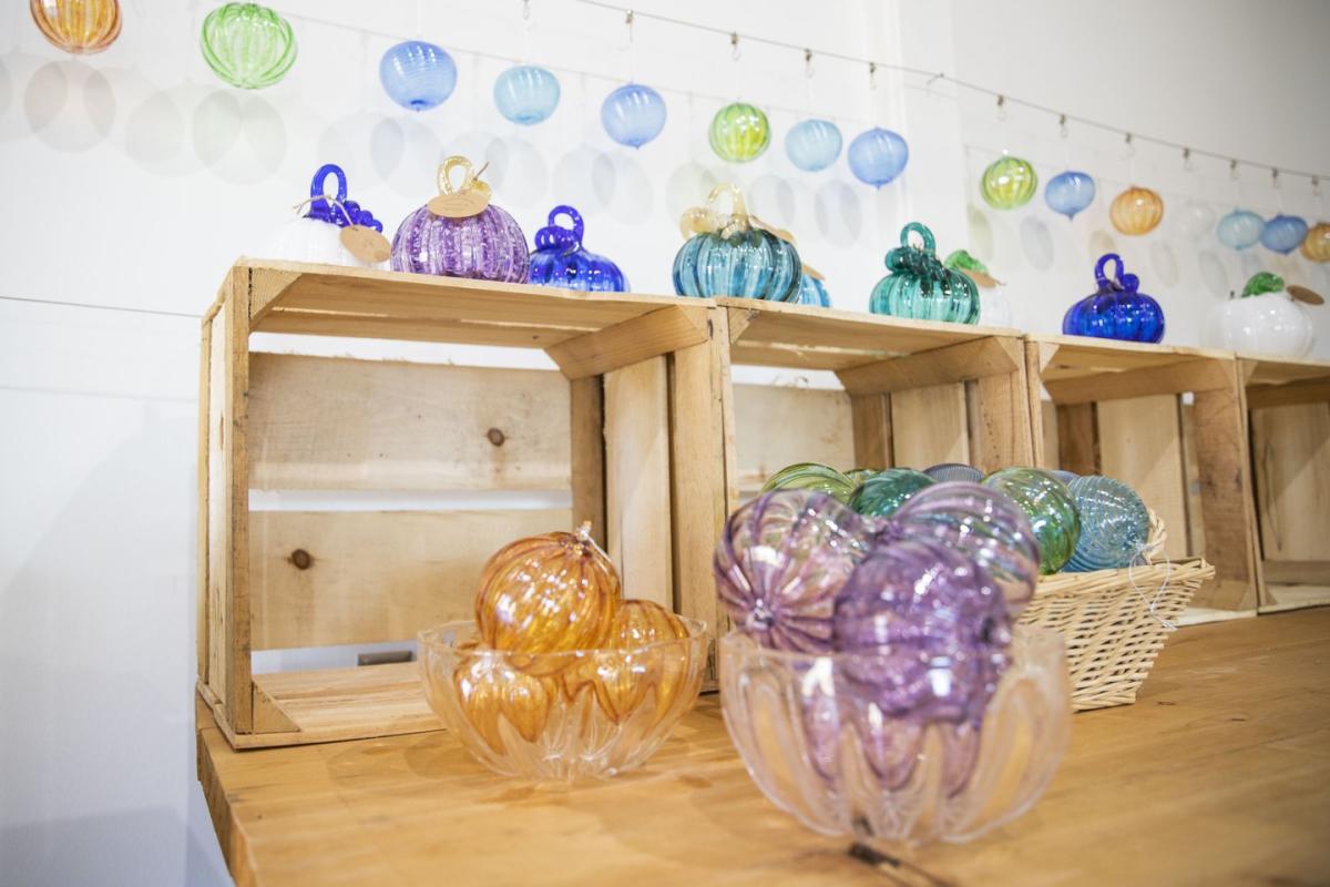 Glass pumpkins on display at The Glass Orchard