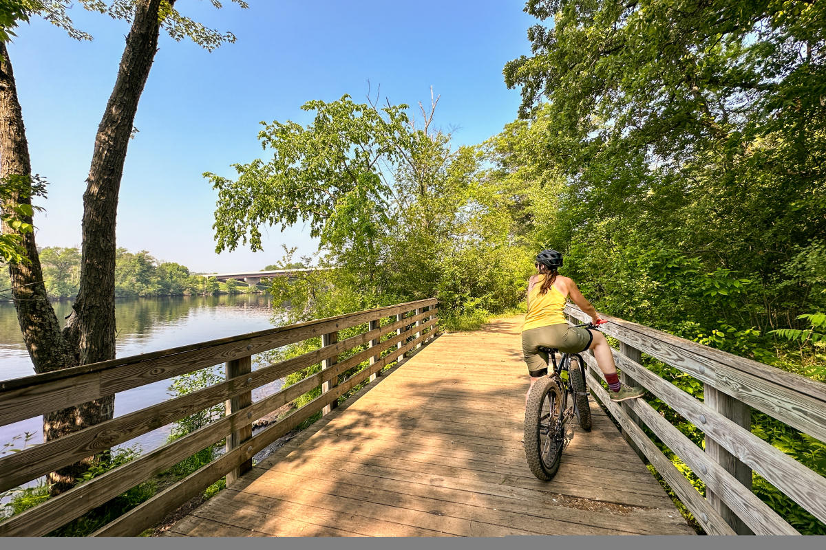 A woman riding a fat tire bike on Area 178 trail in the Chippewa Valley
