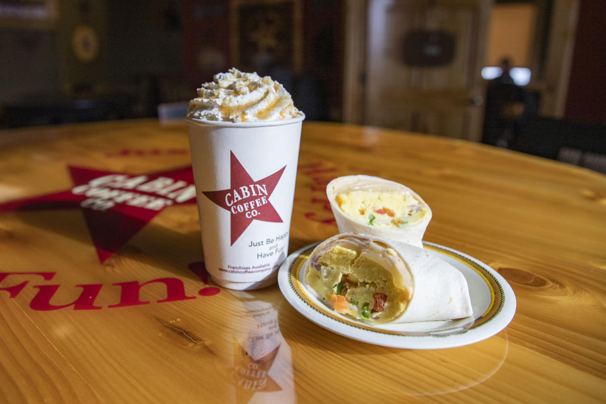 Breakfast wrap and coffee served at Cabin Coffee Co. in River Prairie