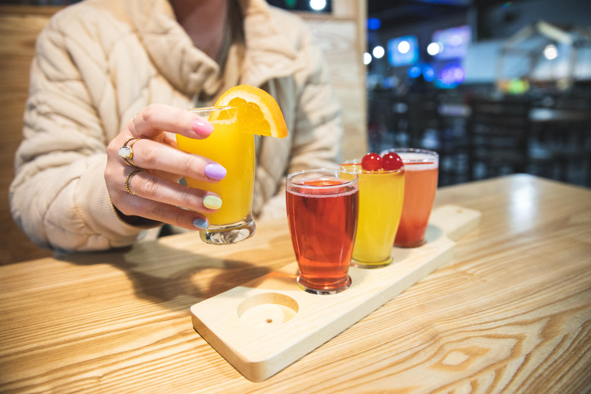 A flight of different flavored mimosas at City Eats at Action City