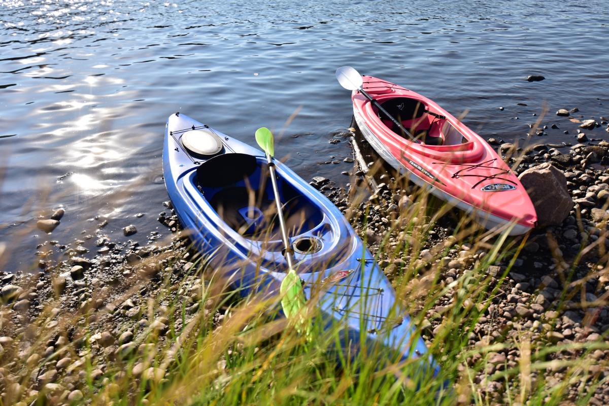 Kayaks at Phoenix Park Water Front in downtown Eau Claire