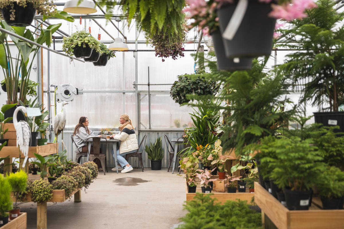 two girls sitting at a table drinking coffee in the greenhouse at Down to Earth Garden Center