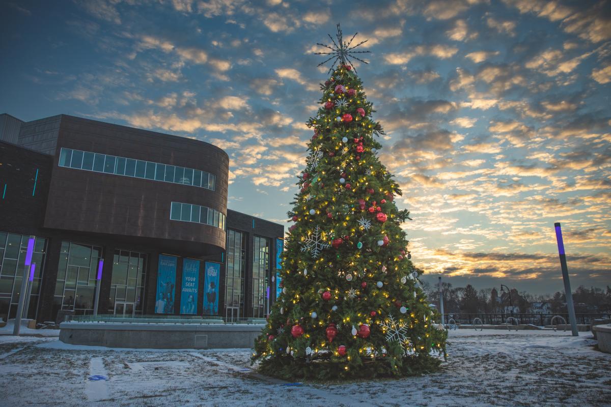 a big Christmas Tree outside the Pablo Center at sunset