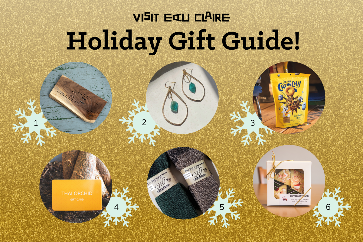 A graphic of all the gifts featured on the gift guide: a cribbage board, earrings, dog treats, Thai Orchid gift card, alpaca wool socks, box of chocolate