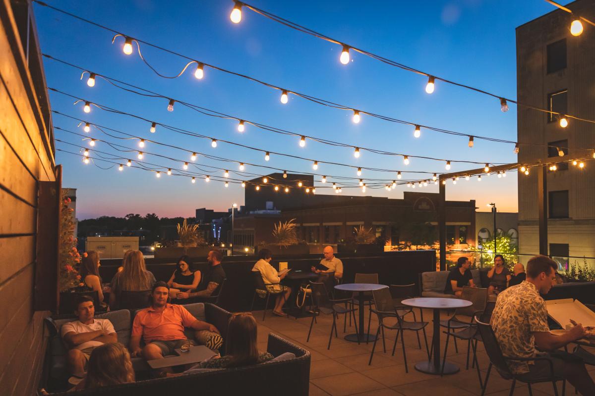 The Dive outdoor patio at dusk