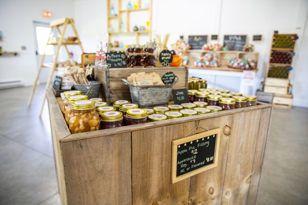 Local jams, apple pie filling, applesauce and honey for sale at shop at the Glass Orchard