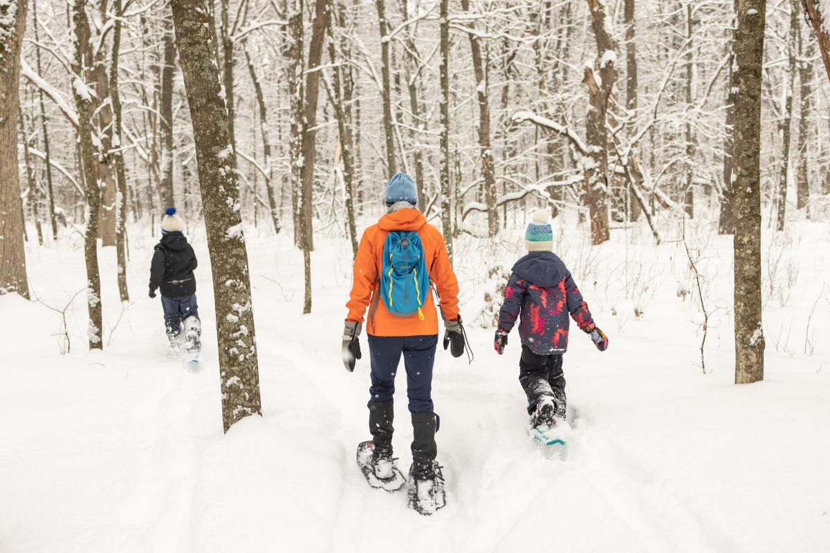 3 people snowshoeing through Lowes Creek