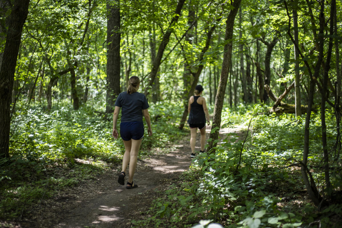 Two women hiking on a dirt path surrounded by trees at Lowes Creek