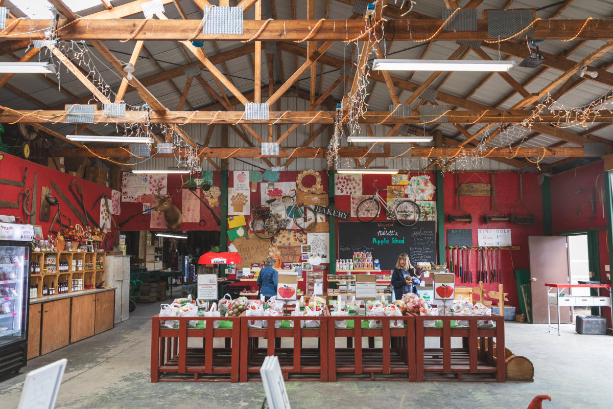 a photo inside the rustic store at Niblett's Apple Shed with apples for sale, apple cider, and other products