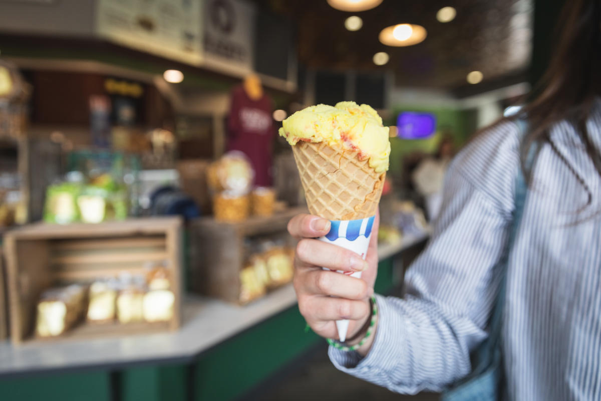 A scoop of ice cream in a waffle cone served at Olson's Ice Cream in downtown Eau Claire