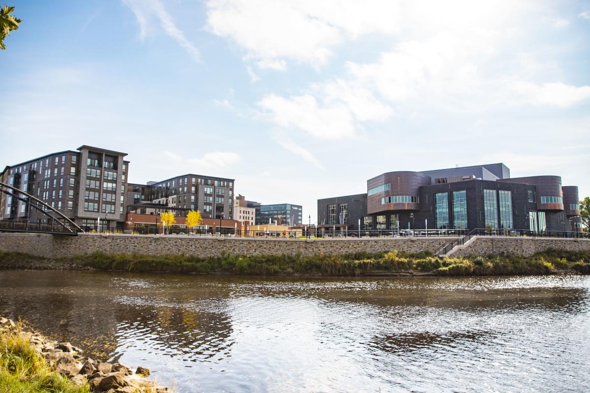 Scenic photo of the Chippewa River and the Pablo Center at The Confluence