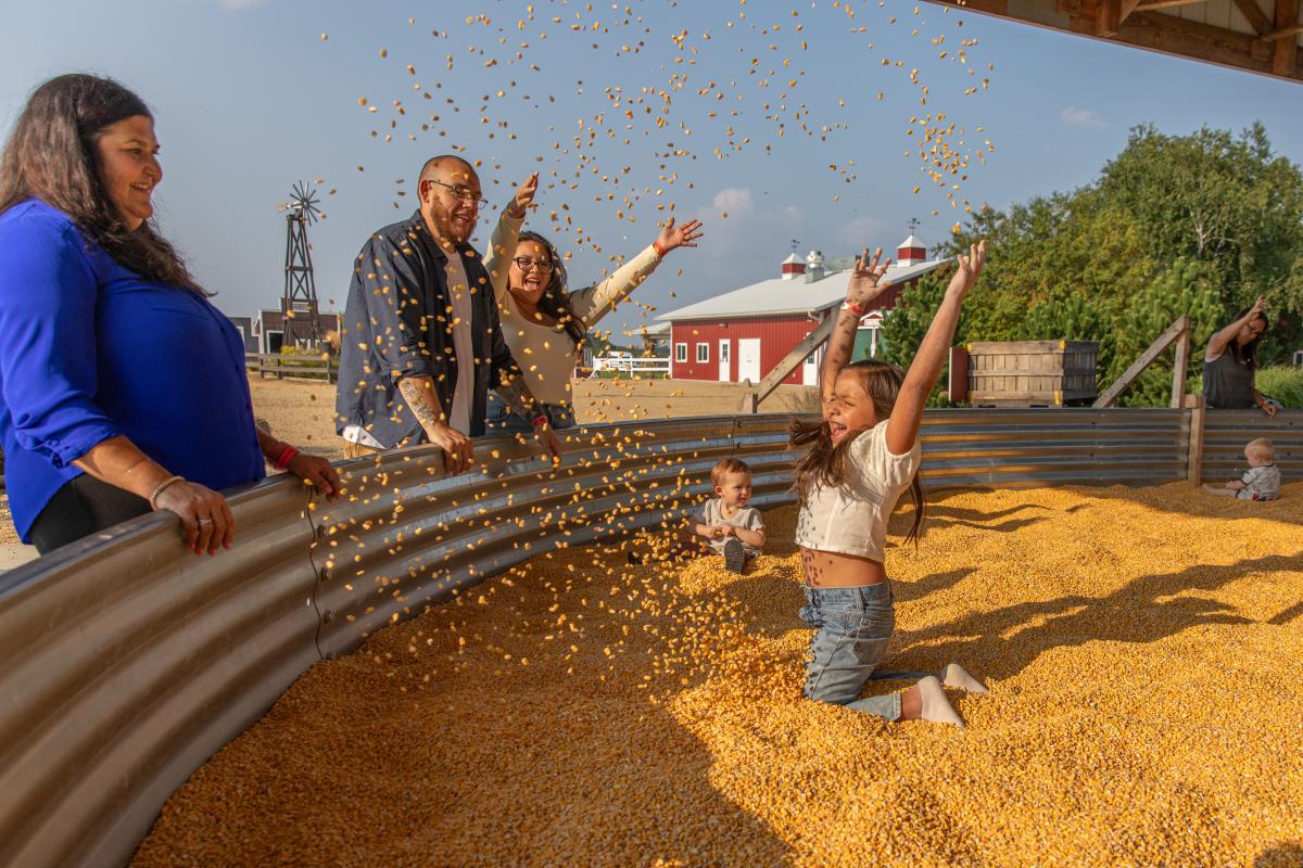 A girl playing in the corn pit while her family watches at Ferguson's Orchards
