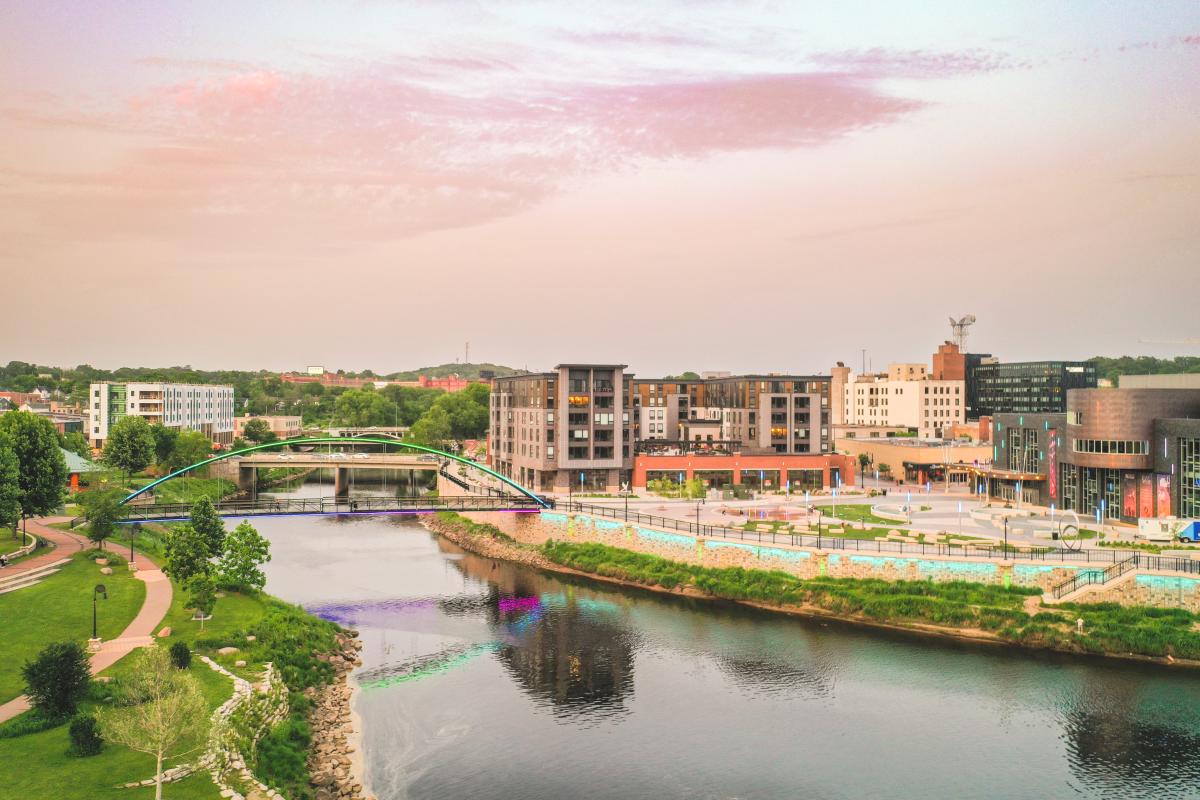 A drone shot of the confluence of the Eau Claire and Chippewa Rivers at sunset