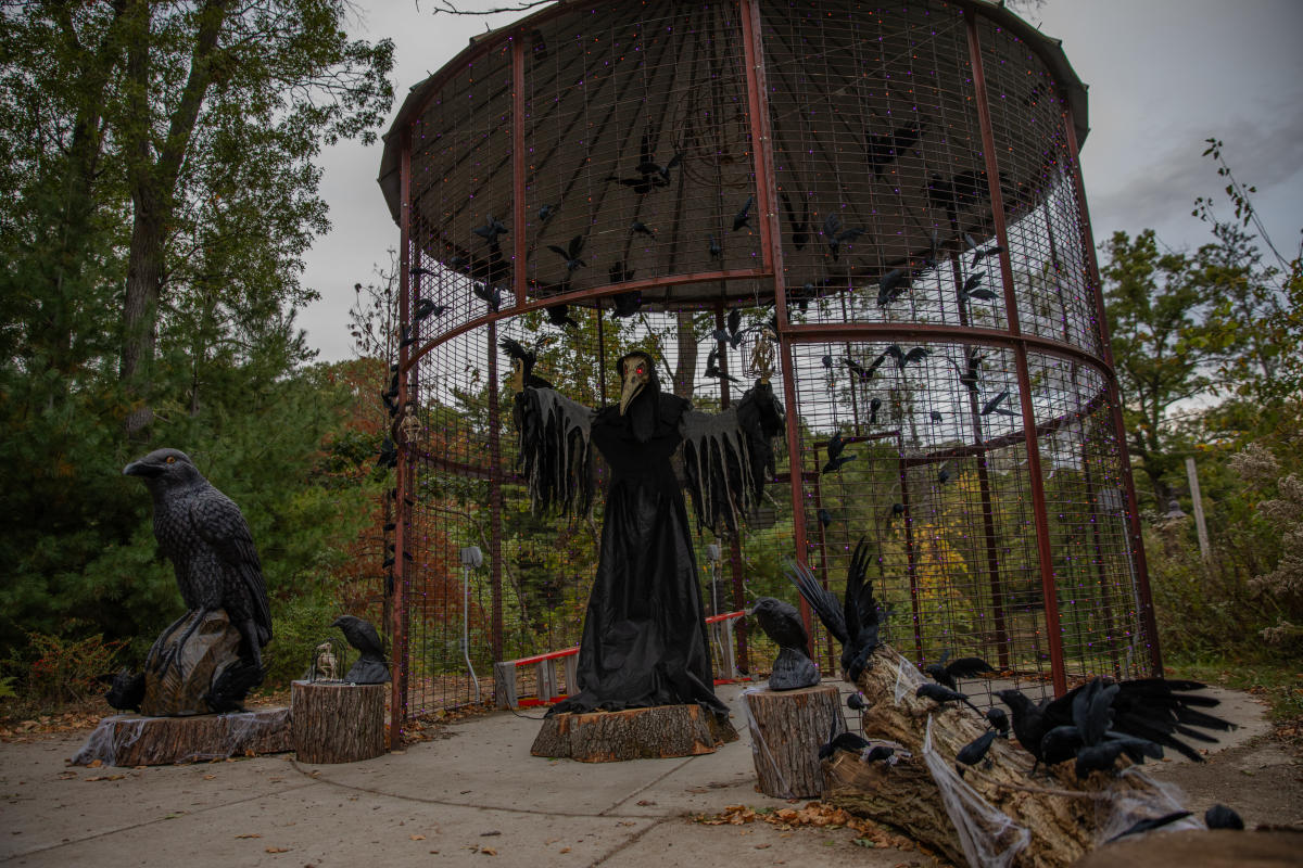 A Halloween prop set up at a cage in River Prairie