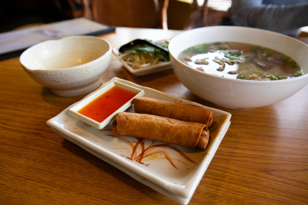 A plate of egg rolls and a bowl of pho at Thai Orchid