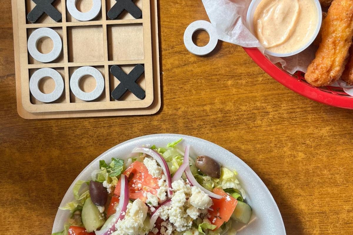 greek salad, a game of checkers, and mozzarella sticks from woohoo
