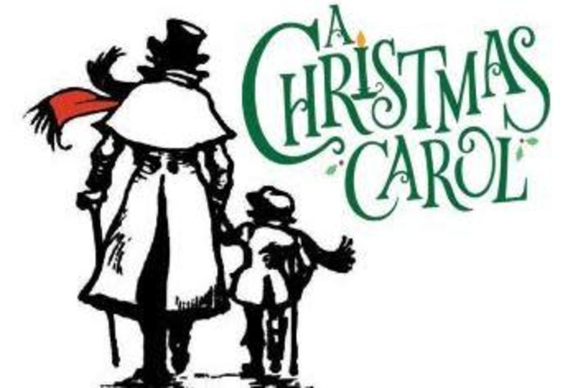 llustration of two characters from 'A Christmas Carol,' featuring a man in a long coat and top hat with a red scarf and a young child walking together, accompanied by the title text in festive green lettering.