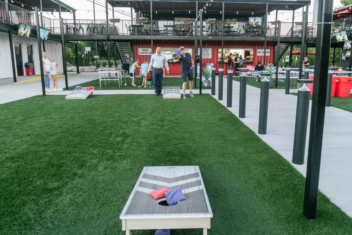 cornhole at the gameyard at heartland mini golf