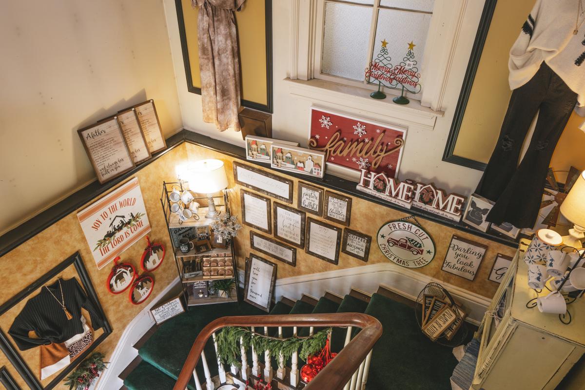 the staircase with merchandise at back home restaurant