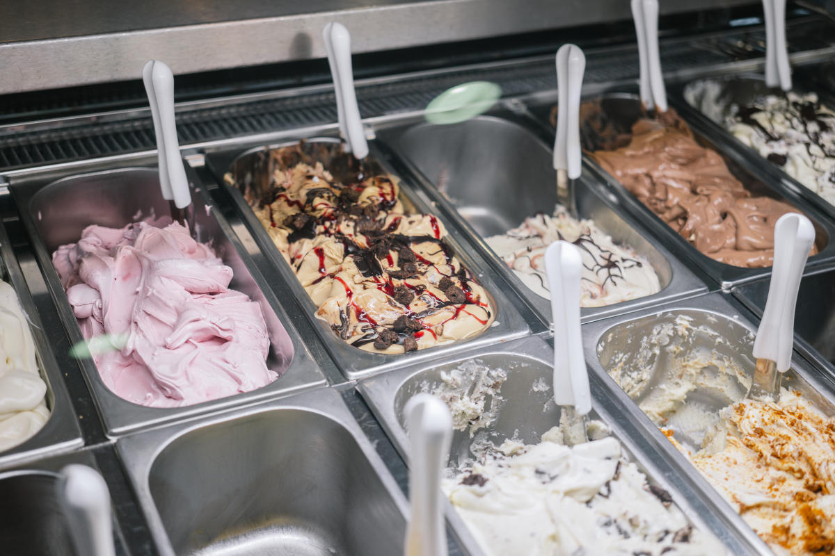 a dessert case of gelato flavors at the dreamery