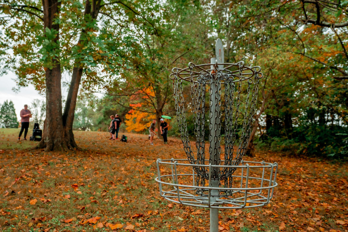 disc flying towards disc golf basket at freeman lake