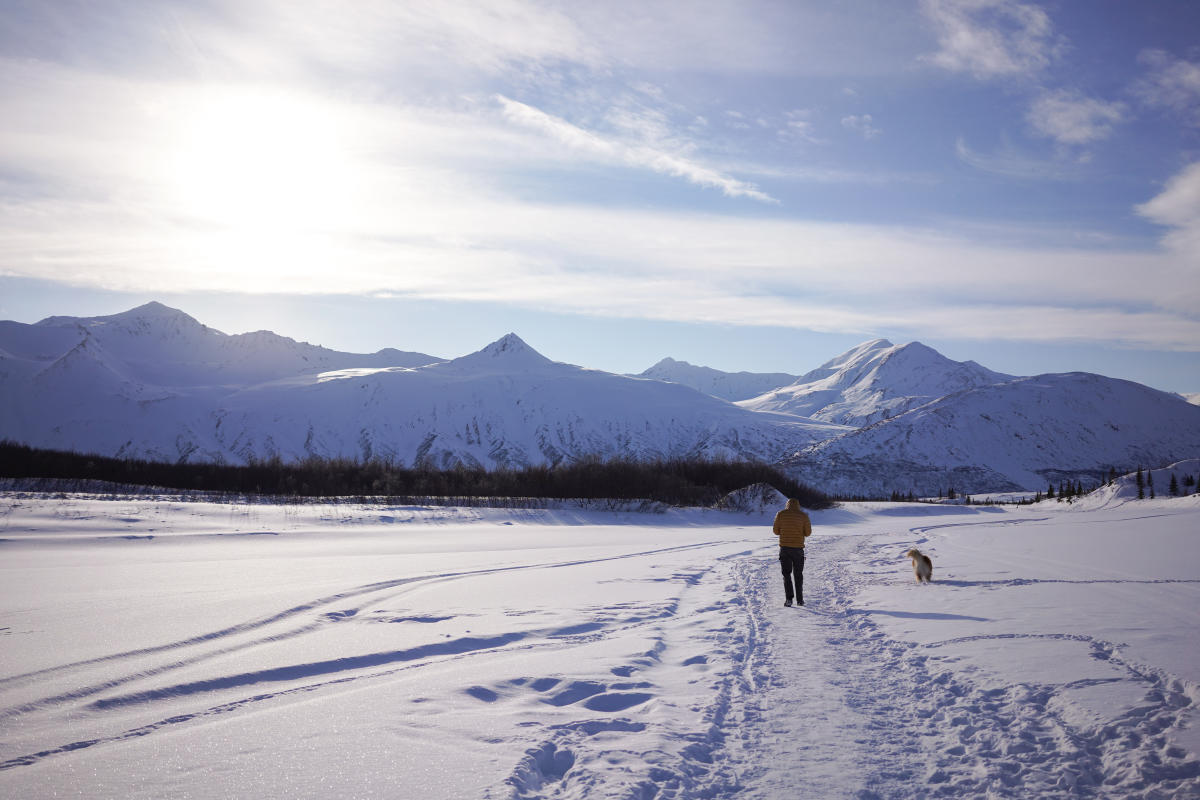A person and dog walking along a snow-covered trail, surrounded by a wide-open winter landscape and snow-capped mountains under a bright blue sky.