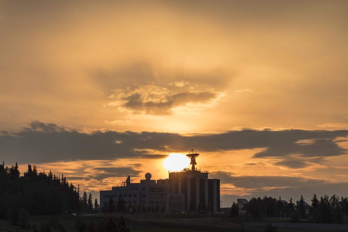 Glowing sunset behind the Geophysical Institute