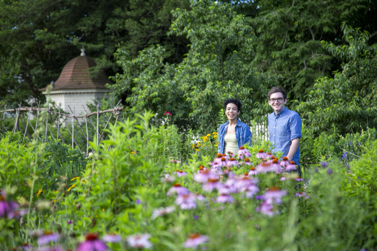 Couple strolling in spring gardens at Mount Vernon