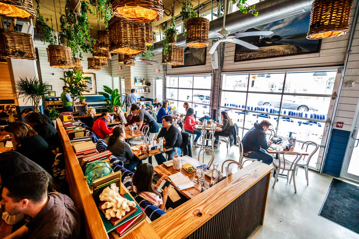 People dining in trendy restaurant