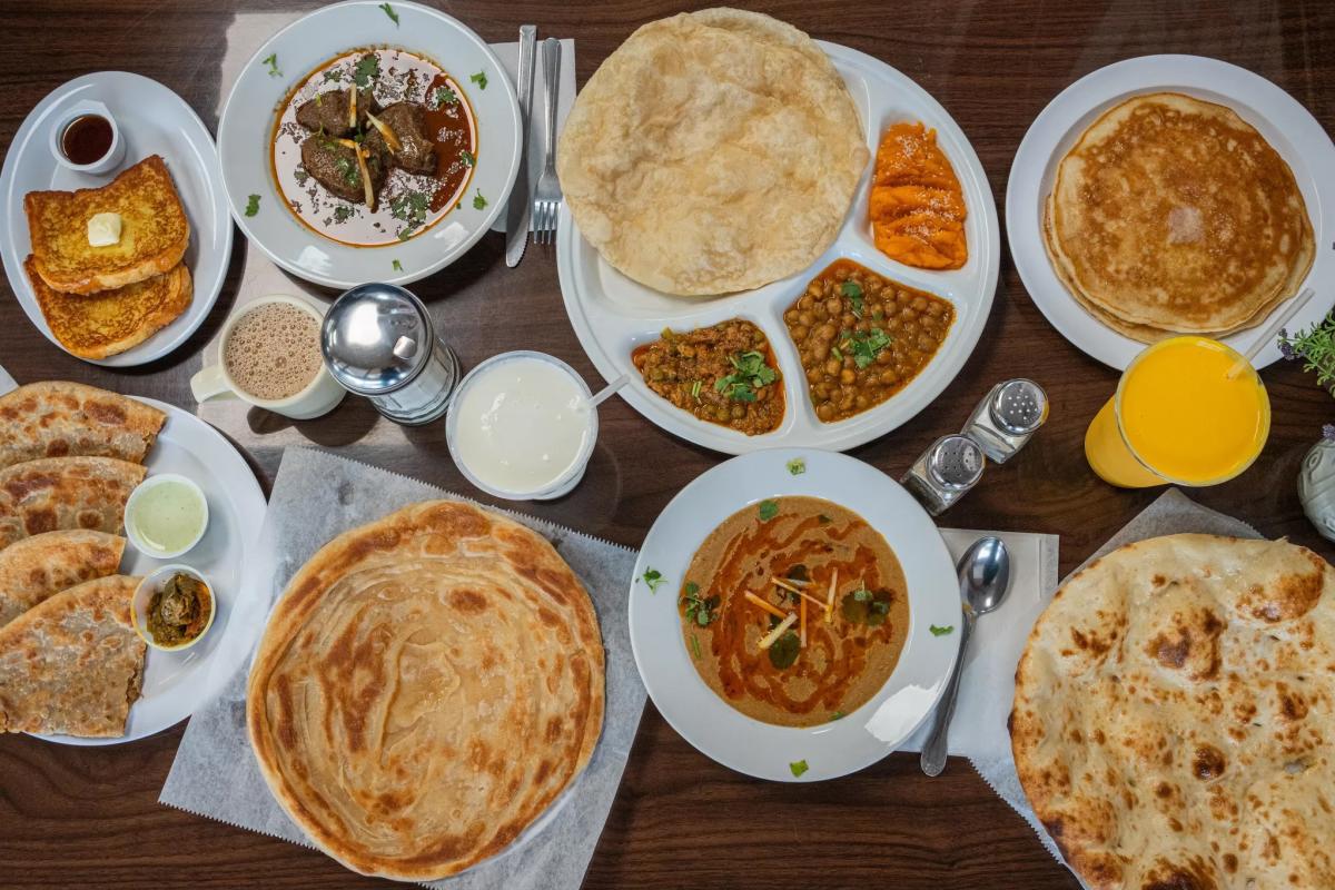 Halwah Puri, Paratha, pancakes, French toast, naan, and lassi drinks