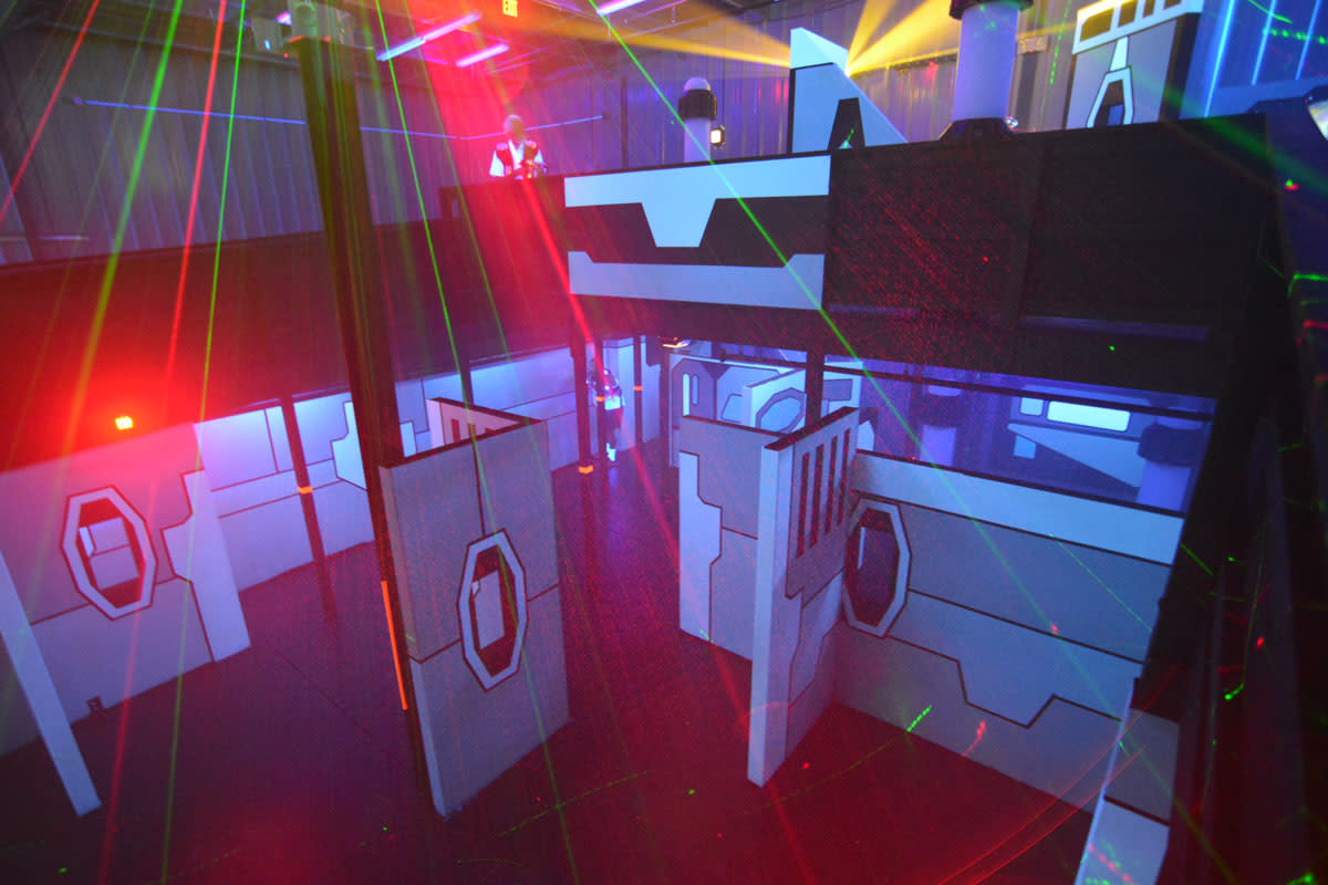 Combat area at Lazer X showing laser beams and multi level barriers and structures