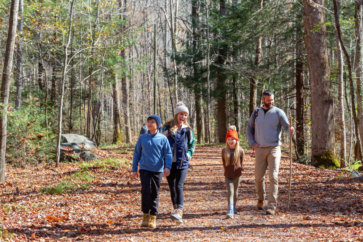 Family hiking on trail