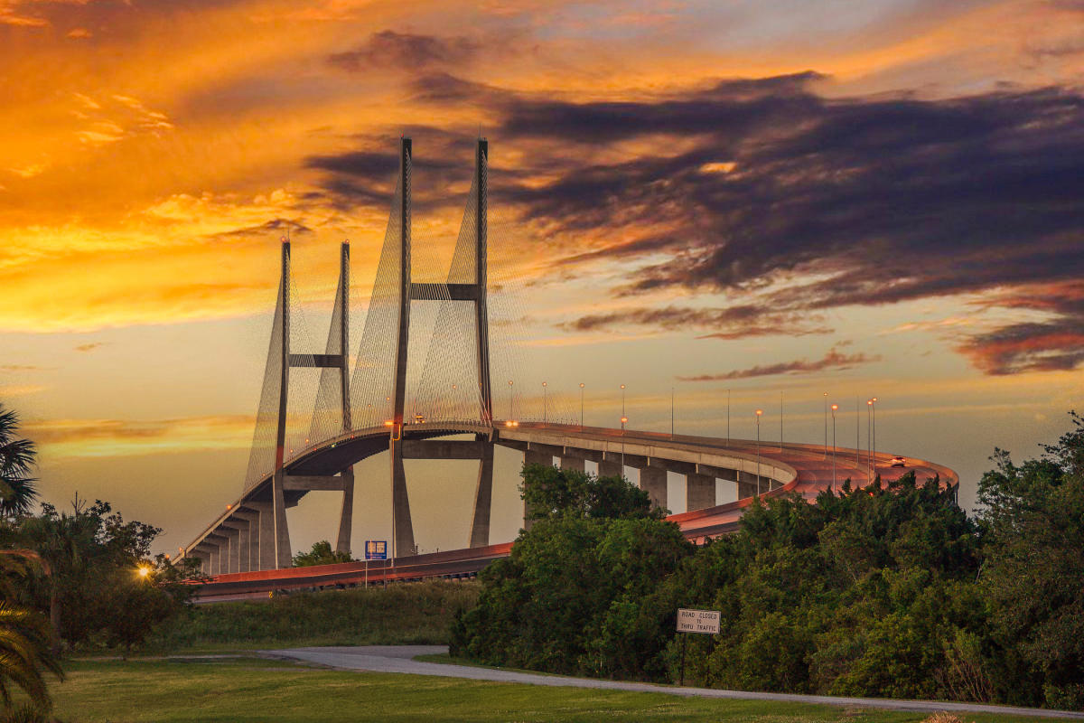 Sunset behind the Sidney Lanier Bridge in Brunswick, GA.