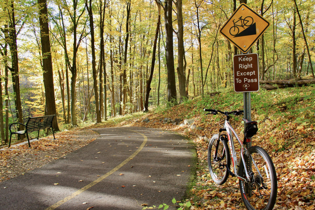 A bike leaning against a signpost, next to a path