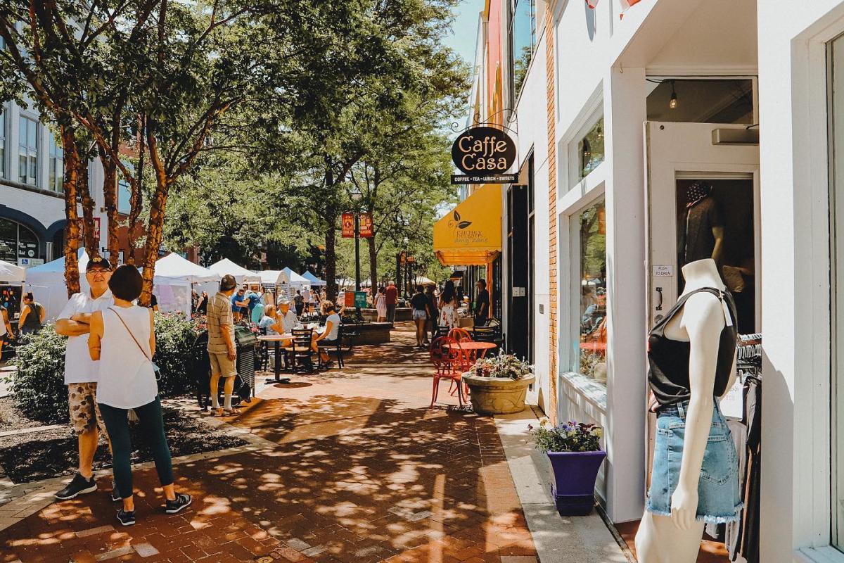 Sidewalk in front of shops