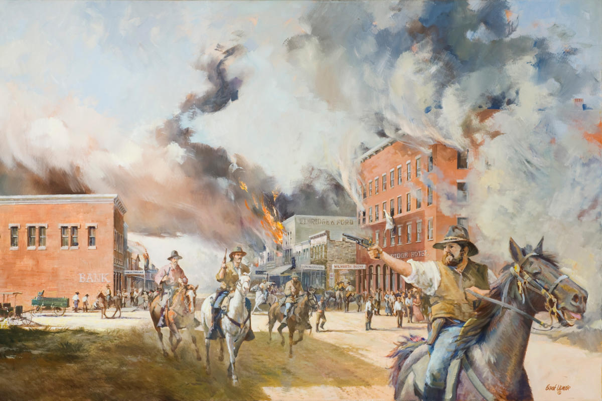 oil painting of men on horses riding through a burning town