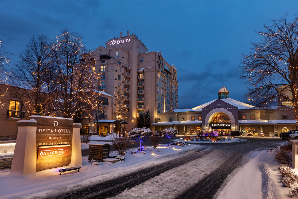 Front Entrance Delta Hotels by Marriott Grand Okanagan Resort-Snowy in Winter (1)