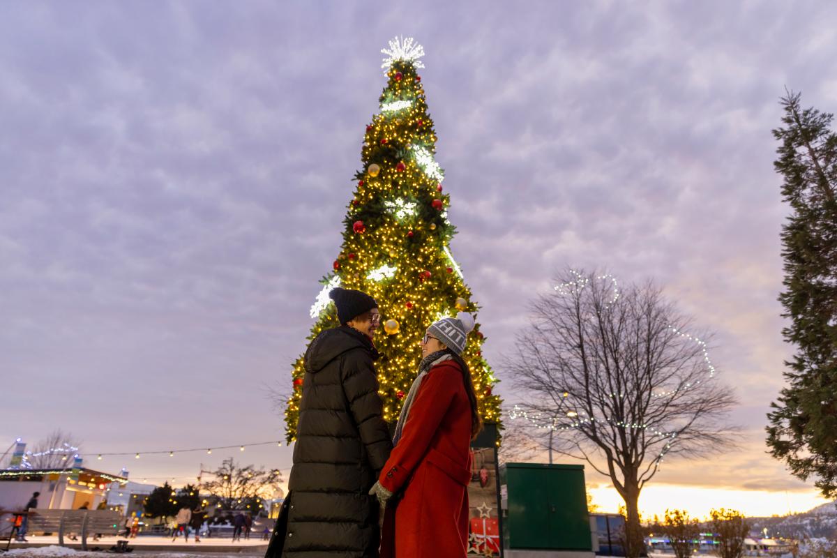 Couple in front of Christmas Tree Downtown