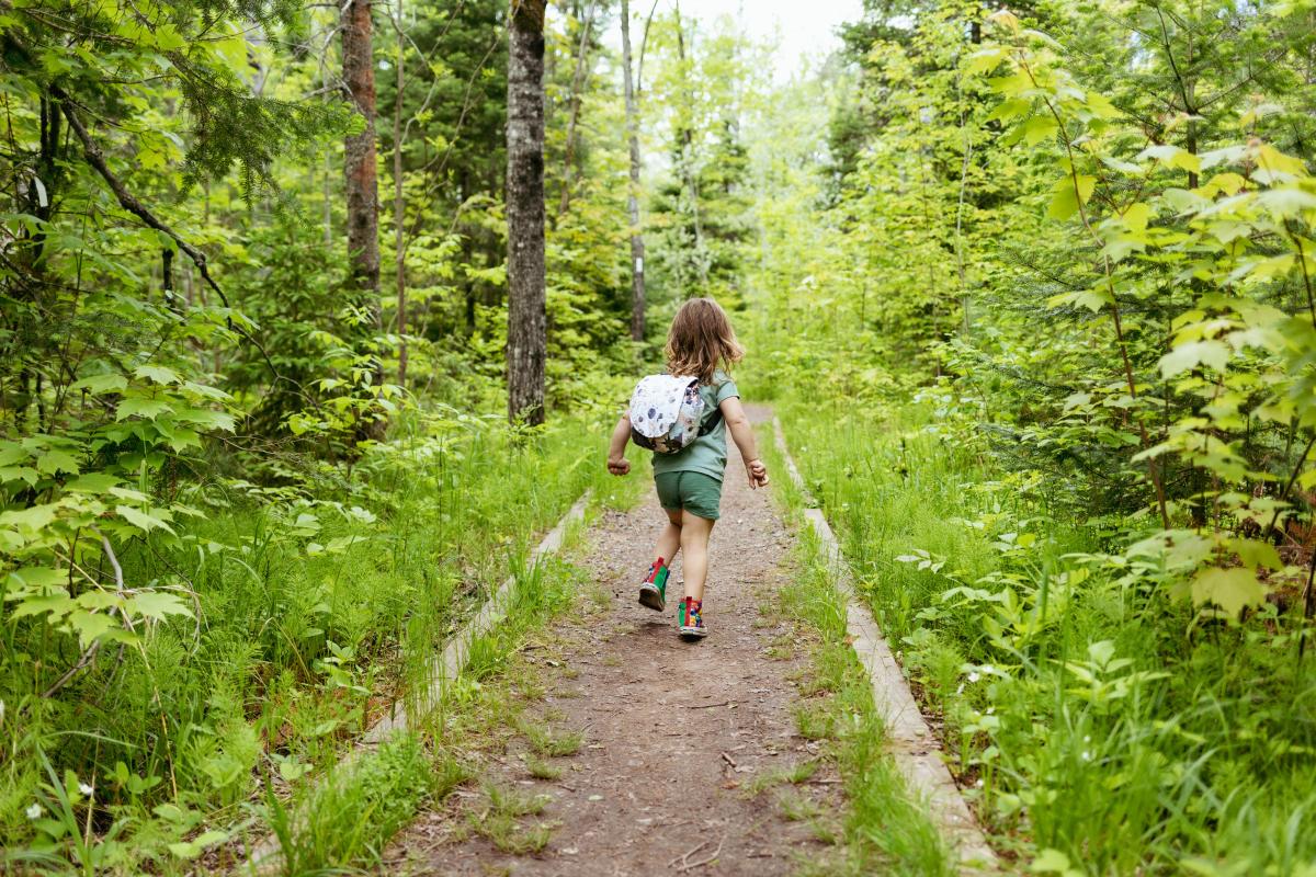 Young girl hiking through a forested trail.