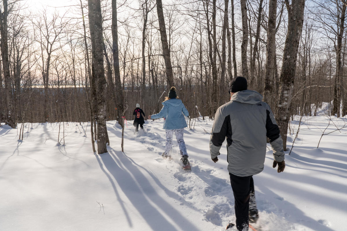 Friends snowshoe through woods at Mount Bohemia.