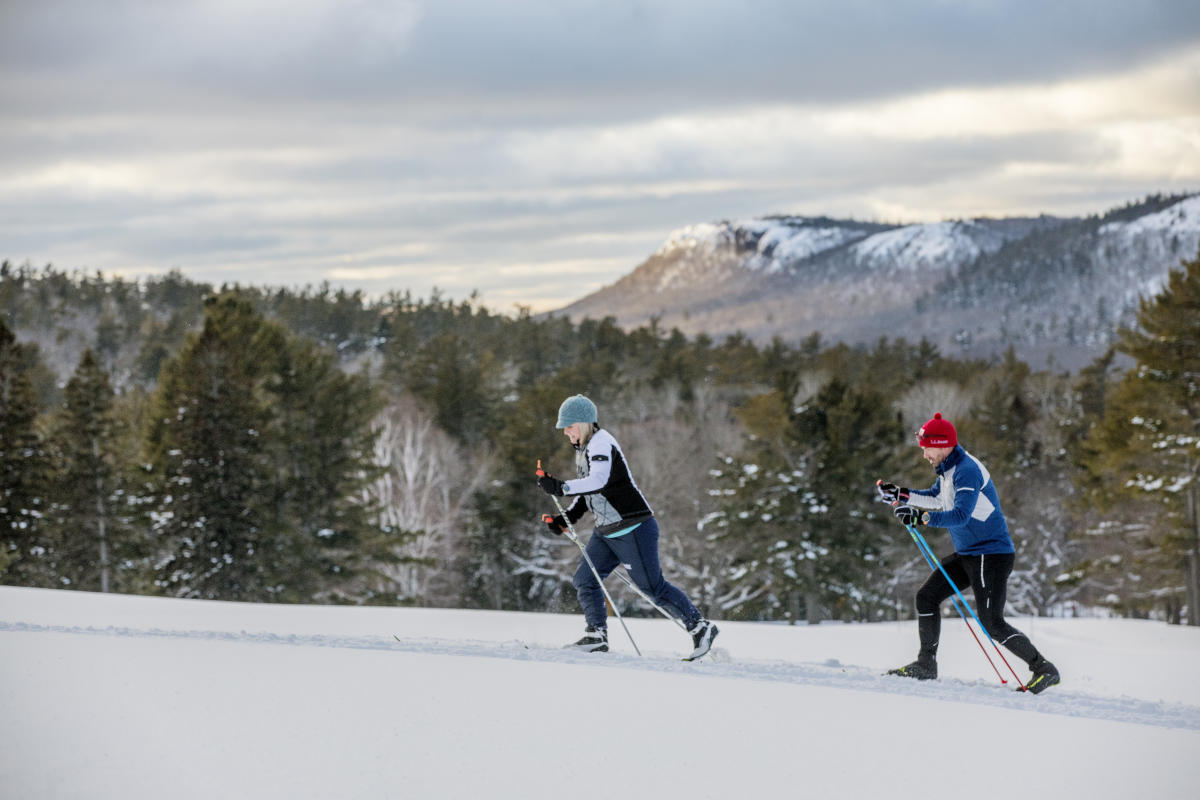 Two skiers cross country ski with mountainous views in background.