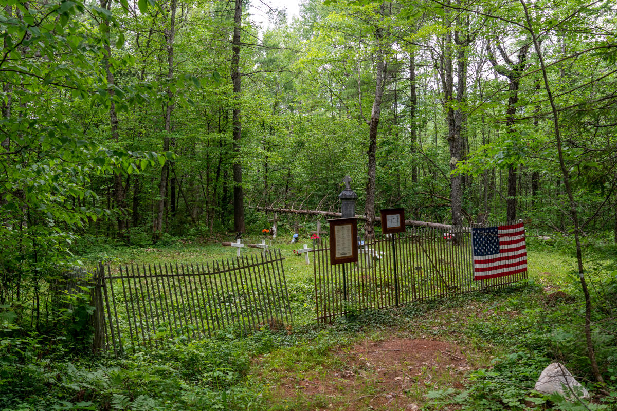 a well maintained cemetery sits in the deep forest, adorned with flowers and an American flag