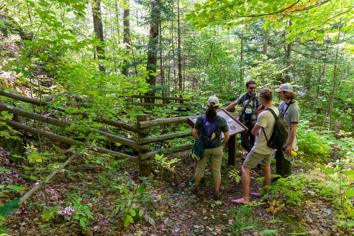 a group of hikers pause at a forested historic interpretive area marked by a sign an log fence