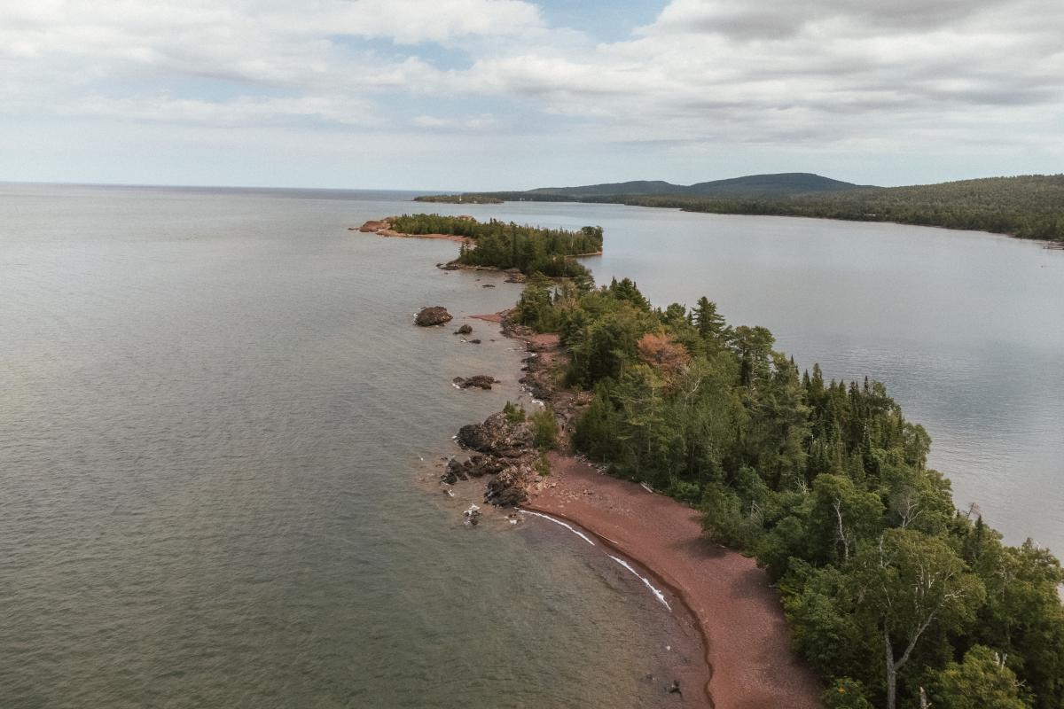 A spit reaches out into Lake Superior